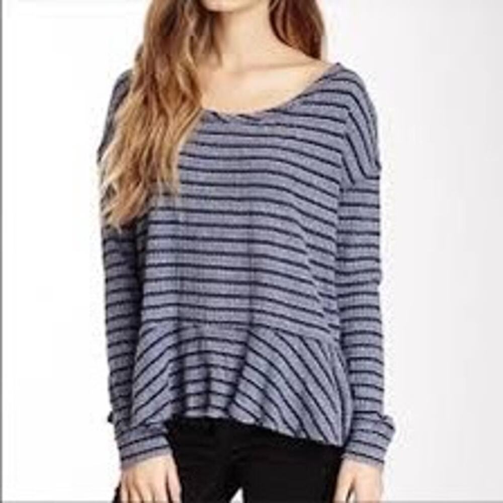 Free People Blue Striped Auntie Em Long Sleeve Relaxed Peplum Top Size Small